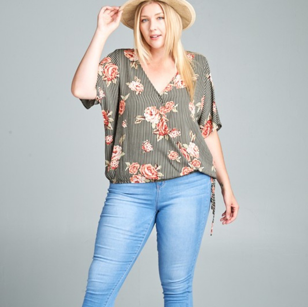 Olive Striped/Floral Surplice Blouse - Picture 3 of 4